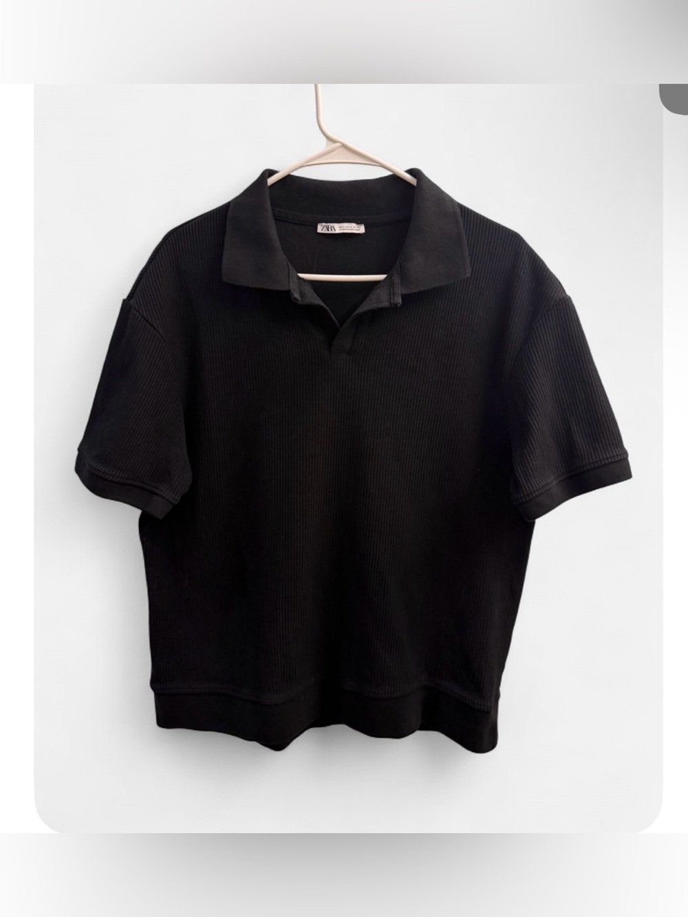 Zara Men’s Black Ribbed Textured Polo Shirt Size L